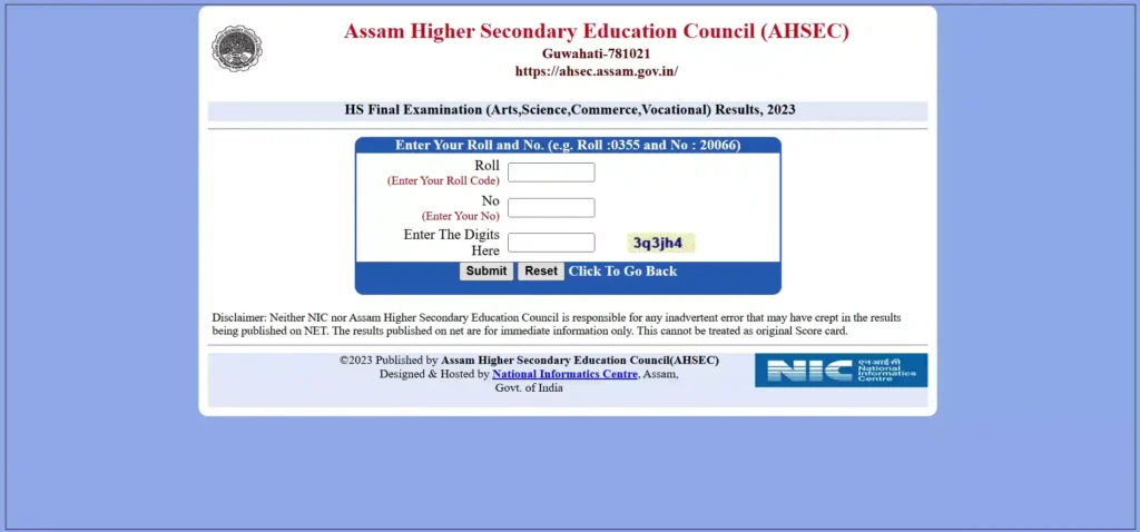 Assam HS Result Portal